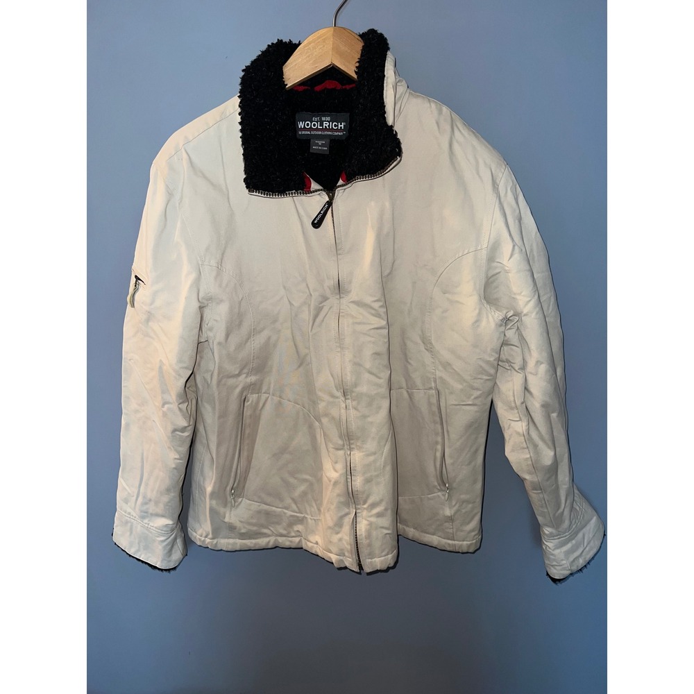 Woolrich Womens Medium‎ Cream Tan Bomber Jacket Faux Shearling Fleece Lined Zip